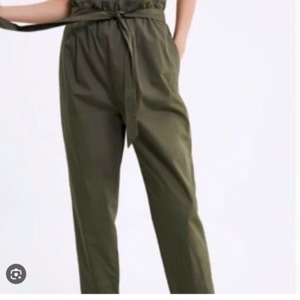 Zara, Tie Waist poplin ankle trouser in army green